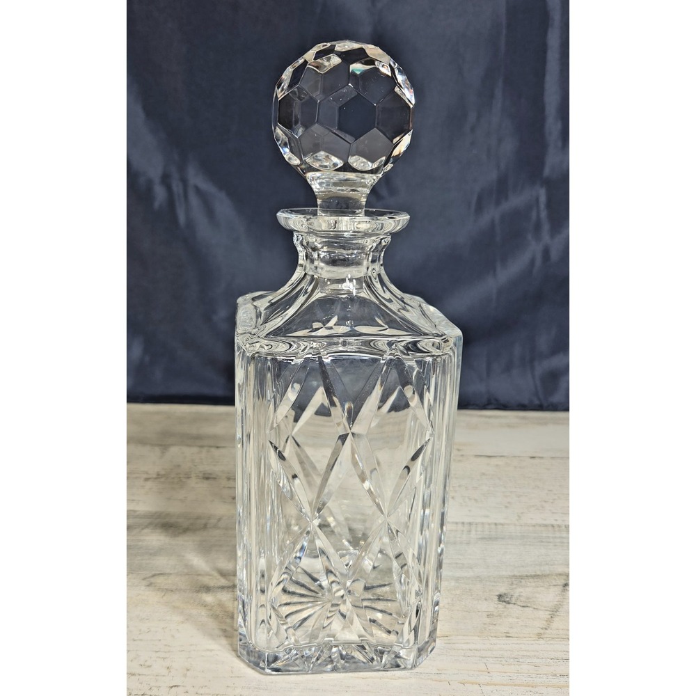 Vintage Cut Crystal Whiskey Decanter With Stopper Square Fernando Pattern 10"